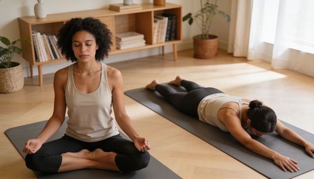 Morning mindfulness practice at home with meditating woman and partner stretching