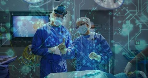 Surgeons performing augmented reality-assisted surgery with holographic data overlay