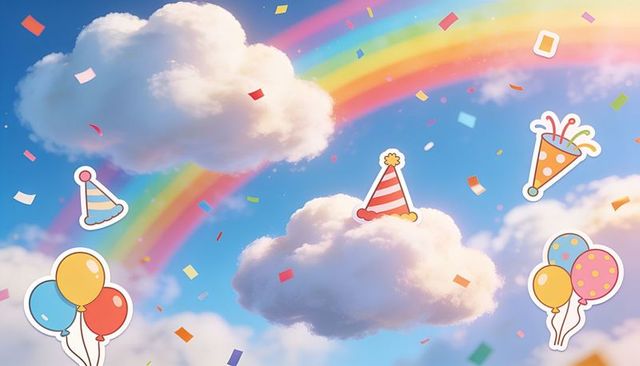 Floating cloud wearing party hat with rainbow confetti and whimsical cartoon balloons