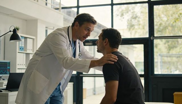 Doctor offering reassurance during clinical consultation with concerned male patient