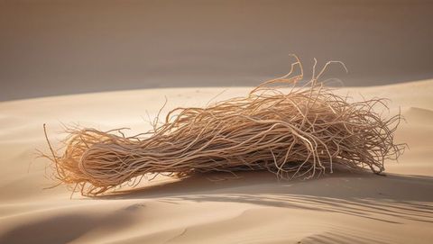 Dried tumbleweed grass bundle casting shadows on serene desert dunes