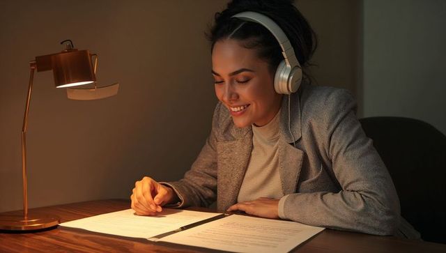 Smiling professional marking documents at desk with headphones and brass lamp, night work