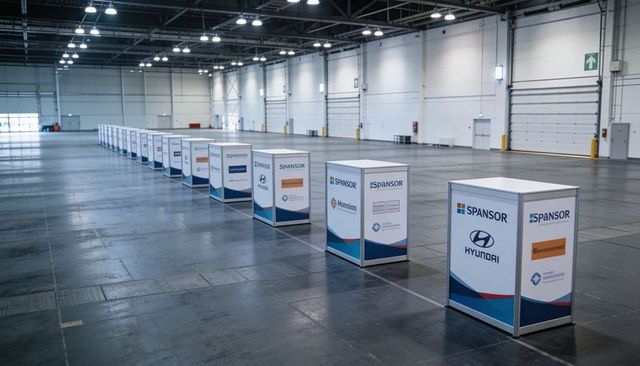 Empty exhibition hall with branded sponsor podiums forming diagonal perspective