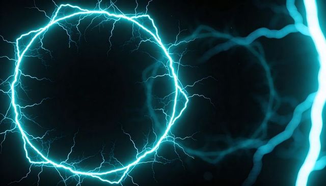 Neon cyan plasma ring portal emitting electric arcs and glowing energy tendrils luminescent halo