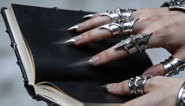 Gothic finger armor and pointed nails touching open black journal closeup metalwork