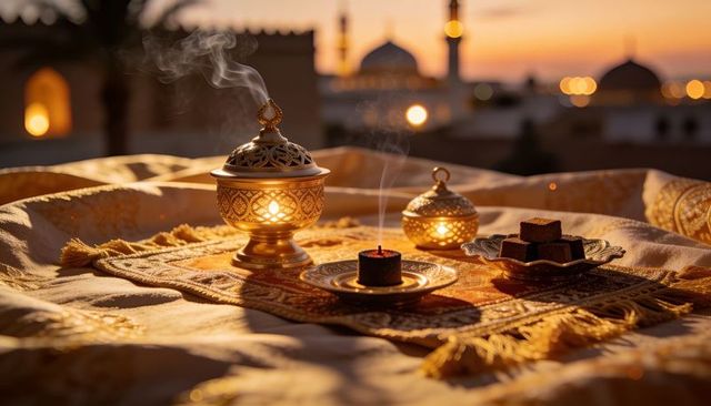 Sunset rooftop ritual with ornate brass censer releasing incense smoke near mosque