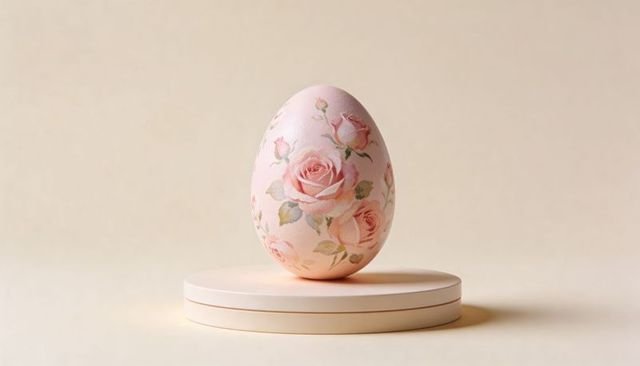 Pastel rose-decorated egg featuring hand-painted vintage floral motif on pedestal