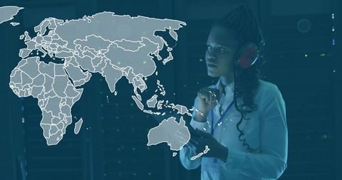 Female IT Engineer Analyzing Global Data Link with Futuristic Interface