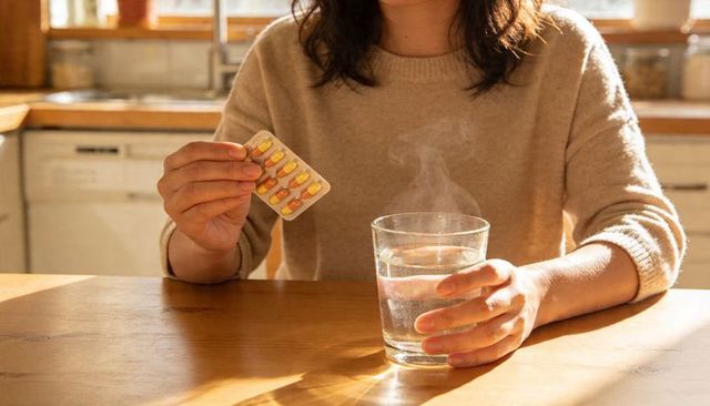 Woman taking capsule with hot water at sunlit kitchen table, cozy morning wellness ritual