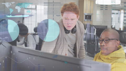 Diverse Team Analyzing Global Digital Data in Modern Office