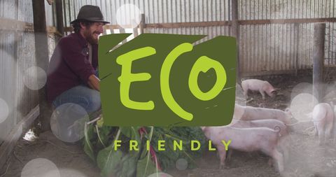 Eco-friendly farming caucasian farmer feeding pigs in barn