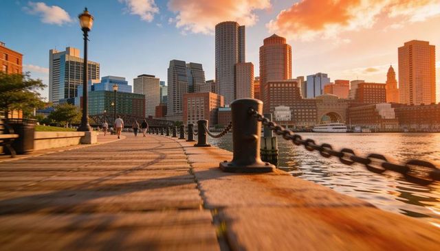 Golden hour bathing boston harbor boardwalk with skyline reflections and strolling pedestrians