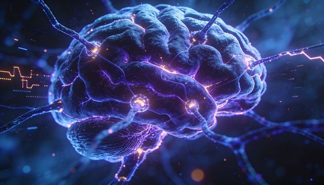 Neon brain network with glowing axon filaments, electric arcs and synapse nodes