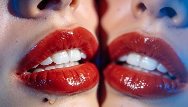 Glossy red lips reflecting in mirror with labret piercing and gloss droplet