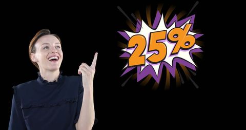 Happy woman excitedly pointing at 25% discount announcement
