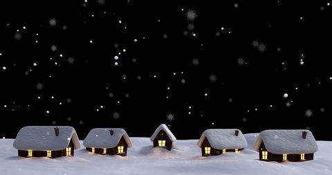 This whimsical winter scene depicting a small village covered in snow evokes a cozy and tranquil holiday atmosphere with lights glowing warmly from inside each house features. Perfect for festive cards, winter-themed advertisements, seasonal websites, holiday decor planning, and Christmas edition publications, the image conveys peace, celebration, and tradition.