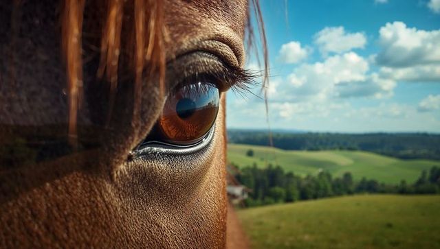 Close-Up of Horse Eye with Reflection of Fields Behind