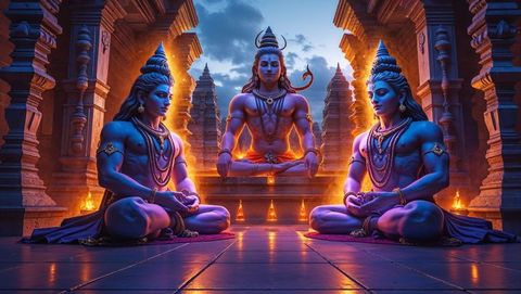 Divine Meditation of Blue Deities in Sacred Temple Setting