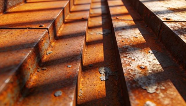 Rusty corrugated metal roof panels with peeling paint, rivets and dramatic sunlit shadows