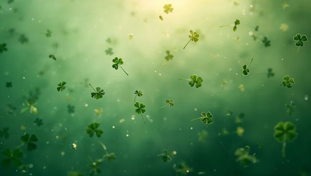 Floating three- and four-leaf clovers in golden sunlit bokeh creating lucky green backdrop