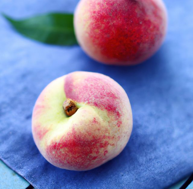 Close up of two fresh peaches on blue background. Food, fruit, fresh and health concept.