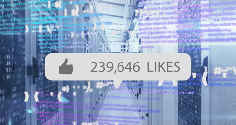 Social Media Likes Growing While Data Processing in Modern Server Room