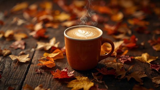 Steaming Coffee Mug Amidst Autumn Leaves on Rustic Table