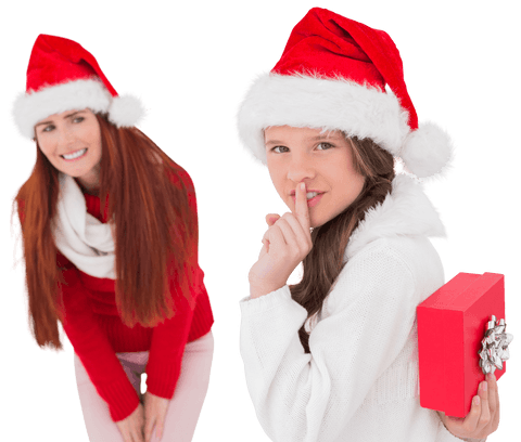 Christmas Mother and Daughter in Santa Hats Showing Holiday Joy Transparent