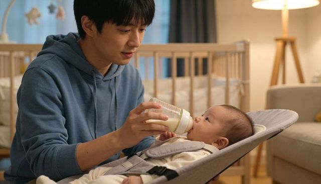 Asian father feeding newborn with bottle in cozy nursery bouncer, quiet bonding at home