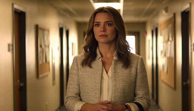 Professional woman standing in corporate corridor wearing cream blazer, clasping hands