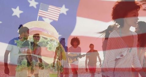 Group of Friends Celebrating USA on Beach with Music and Burgers