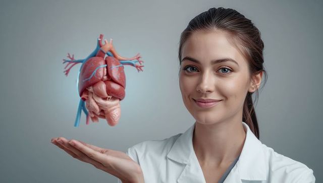 Female doctor presenting floating 3d heart model for cardiac education and training