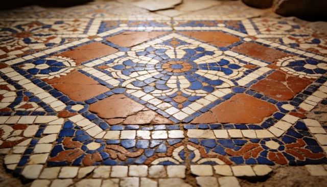 Ancient mosaic floor panel revealing central floral rosette and cracked tesserae