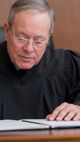 Senior Judge Reading Case File Preparing Written Ruling at Court Bench Vertical Video