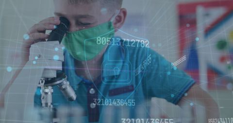 Child scientist studying with microscope amidst data overlay
