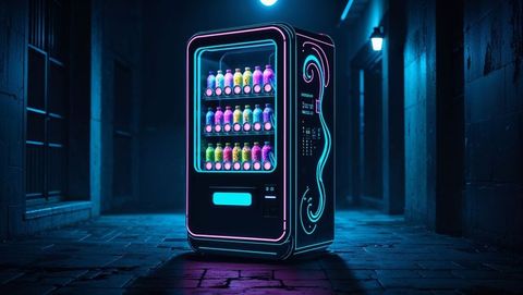 Futuristic neon-lit vending machine in urban alley night scene