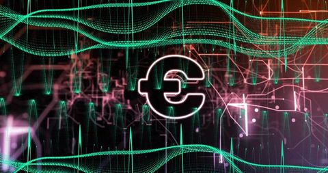 Glowing euro symbol pulsing amid teal waveforms and neon magenta circuit visualization