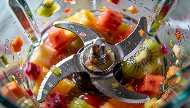 Spinning blender blades slicing colorful tropical fruit for vibrant smoothie and juice