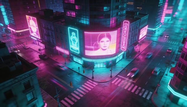 Curved led billboard displaying female portrait over neon-drenched intersection, cyberpunk city