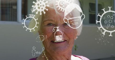 Elderly woman with covid compliance graphics over veclice gradk heading away during