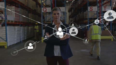 Confident Warehouse Manager with Network Technology Concept