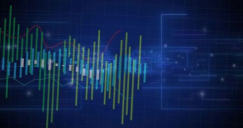 Fluctuating bar chart on futuristic circuit grid
