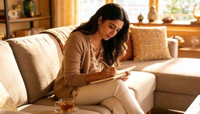 Sunlit living room woman writing in journal on sofa - cozy home journaling and focus