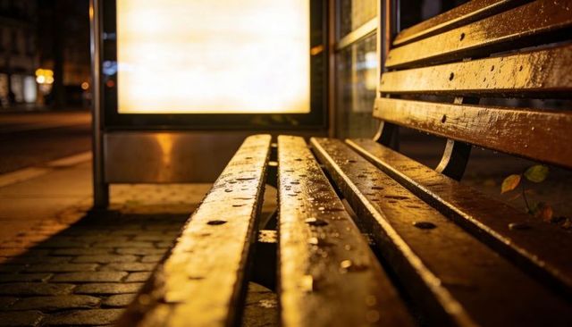 Glistening wet wooden bench reflecting warm advertising light at nighttime urban bus stop
