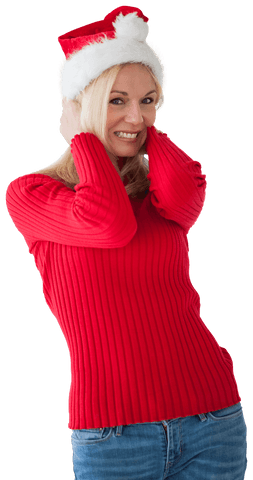 Joyful Woman in Santa Claus Hat with Transparent Background