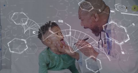 African american doctor examining child with futuristic overlay
