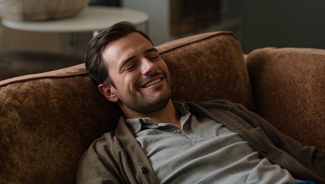 Relaxing man reclining on brown sofa smiling with eyes closed cozy home lifestyle