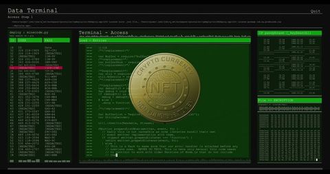Displaying gold nft coin on retro hacker terminal showing code and hex dump