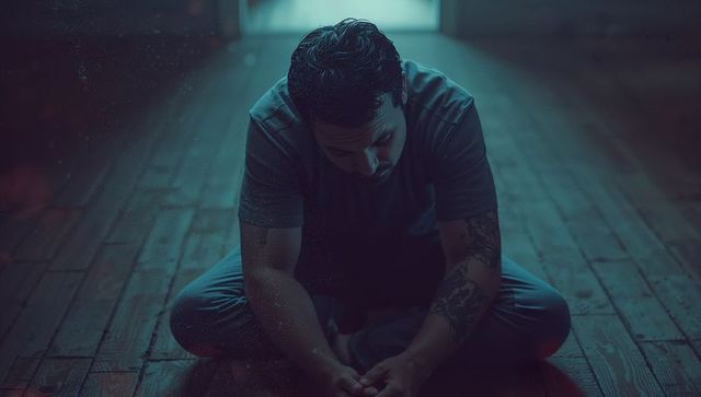 Contemplative Man Sitting on Hardwood Floor Near Bright Doorway