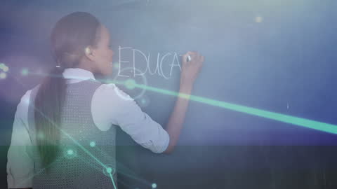 Teacher Writing on Chalkboard with Digital Network Effects